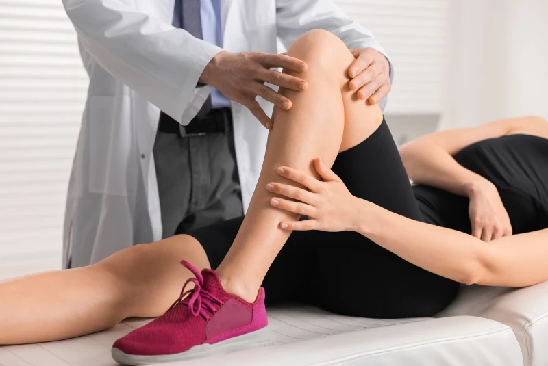 Specialist assessing a patient's knee.