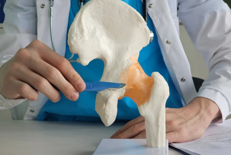 Doctor pointing to a model of the hip.